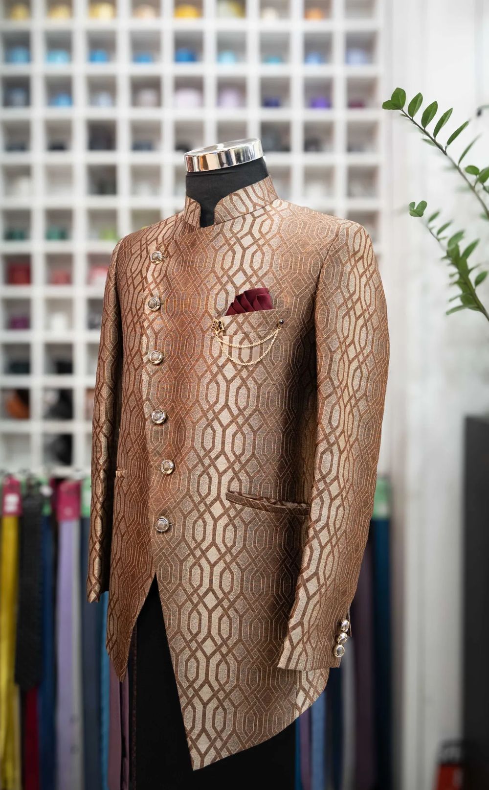 Brown Printed Full Button Blazer