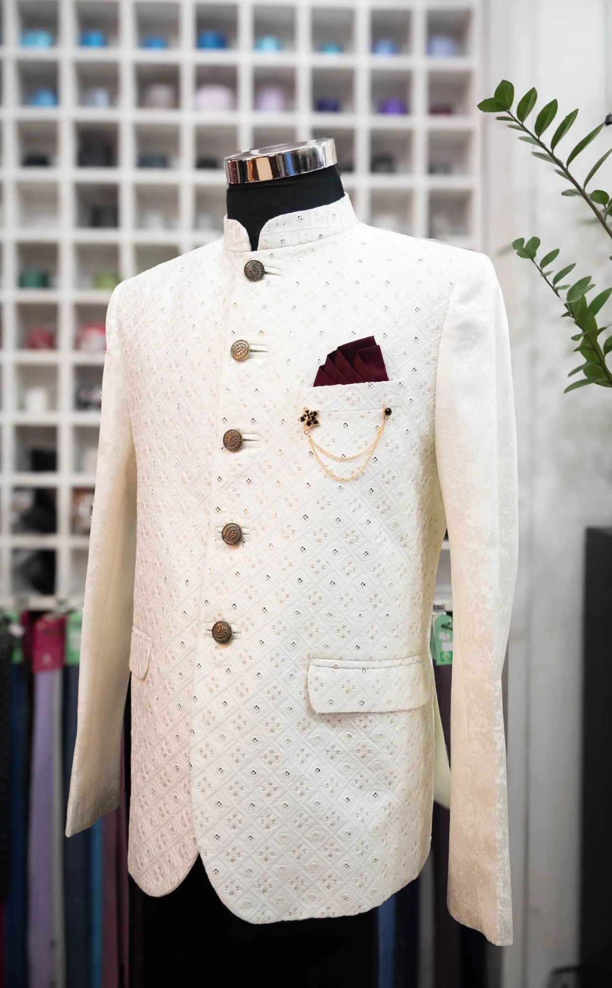 Ivory Printed Full Button Blazer