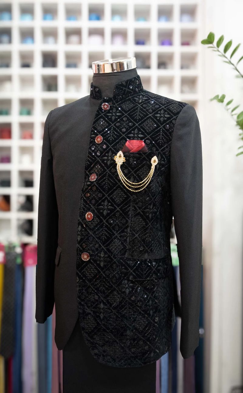 Black Printed Full Button Blazer