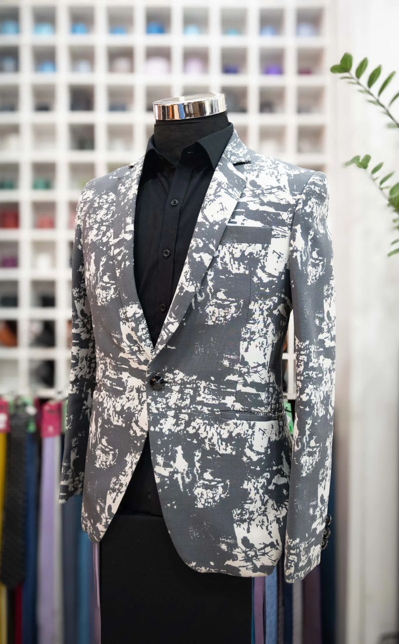 Gray Cotton Printed Blazer